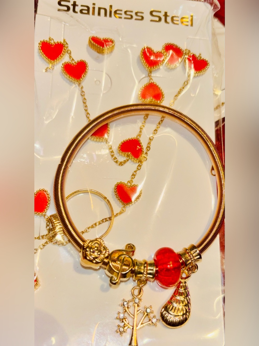 Gold Charm Bracelet with Red Heart Accent Necklace and Ring